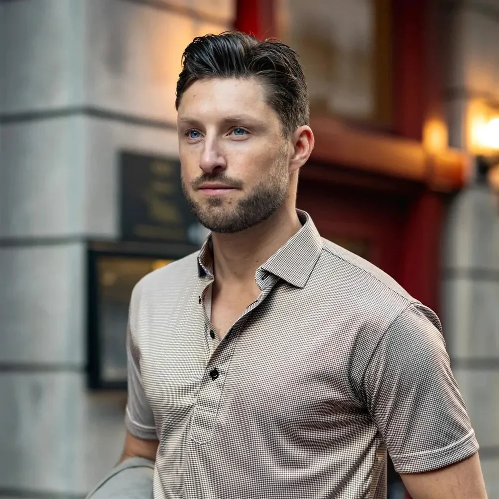 Collars & Co Polo Shirt Mens L Brown Houndstooth Dress Collar Preppy Stretch NWT - Picture 6 of 10